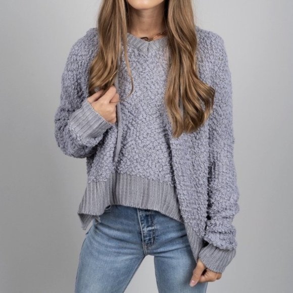 POL | Gray Nubby Popcorn Knit Chenille Soft Cozy Hooded Pullover Sweater - Picture 2 of 10